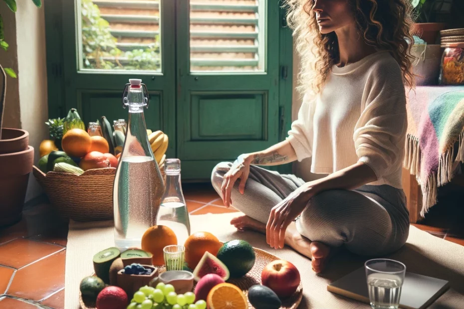 una donna seduta a gambe incrociate con accanto un vassoio con frutta e acqua mentre medita allo scopo di depurare il corpo