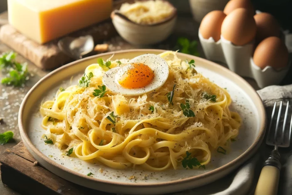 un piatto di pasta carbonara, circondato dai suoi ingredienti originali, per onorare la tradizione del Carbonara Day